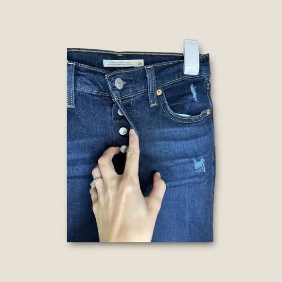 Levi's Women's 26 Ribcage Straight Ankle Denim Jeans Dark Distressed Button Fly - Picture 5 of 7